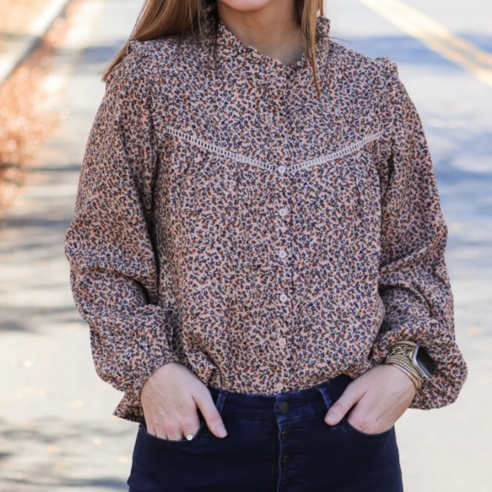 Grade & Gather Floral Corduroy Button Down Blouse Medium Cottagecore Peasant top